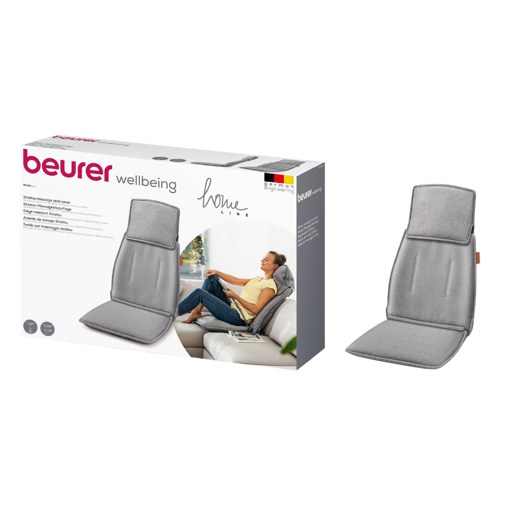 Obrázok zobrazuje modrú Shiatsu masážnu sedaciu podložku Beurer MG 330. Produkt je zobrazený ako fyzický produkt aj na balení, ktoré zobrazuje obrázok osoby používajúcej sedaciu podložku, branding spoločnosti Beurer GmbH a detaily o jej 4-hlavovom masážnom systéme s nastaviteľnou oblasťou krku.