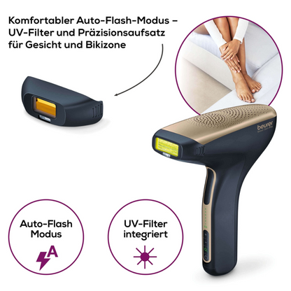Obraz, ktorý zobrazuje Beurer trvalé odstránenie chĺpkov IPL VelvetSkinPro Black, produkt spoločnosti Beurer GmbH, s UV filtrom a precíznym nástavcom na tvár a bikiny zónu. Zariadenie je zobrazené v blízkosti nôh osoby a zdôrazňuje jeho výhody trvalého odstránenia chĺpkov. Nemecký text popisuje funkcie: UV filter, precízny nástavec a automatický bleskový režim.