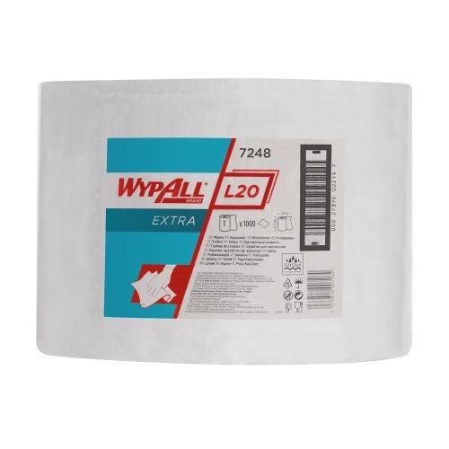 WypAll® L20 EXTRA utierky vo veľkej rolke (biela, 1 rolka x 1000 utierok) od Kimberly-Clark GmbH sú ideálne na priemyselné použitie a ponúkajú savé čistiace utierky v praktickej krabici.