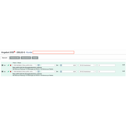 Nemecké rozhranie WooCommerce B2B od Altruan zobrazuje "Shopify B2B Order Tool: Objednávkový nástroj s objednávkovým budíkom a zákaznícky individuálnymi cenami" s možnosťami množstvo, balenie, daňová sadzba, individuálne ceny; Celková ponuka: 230,02 € pre dva artikle.