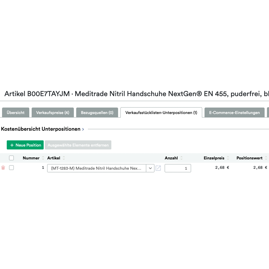 Snímka obrazovky zo stránky webovej stránky, kde je zobrazená objednávka pre „UnitTable Sync: Weclapp Balené jednotky a generátor zoznamu komponentov“ s Amazon-ASINS, množstvom a cenou v mriežkovom zobrazení.