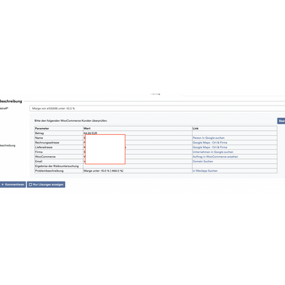 Snímka obrazovky webovej stránky, ktorá zobrazuje formulár s detailmi faktúry s políčkami ako suma, fakturačná adresa a ďalšie pre „nákup na faktúru“, zvýraznené červeným rámikom okolo prázdnej sekcie za použitia Altruanovho OrderGuardian: Weclapp systému kontroly objednávok.