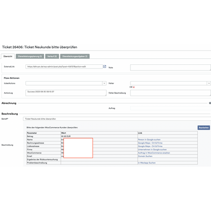 Snímka obrazovky rozhrania ticketového systému cloudovej služby, kde sú zobrazené rôzne polia ako „Detaily lístka“, „Denník“ a „Zákazník“, pričom informácie o transakcii, vrátane nákladov na položky, sú zvýraznené v červenom poli. Používa sa OrderGuardian od Altruan.