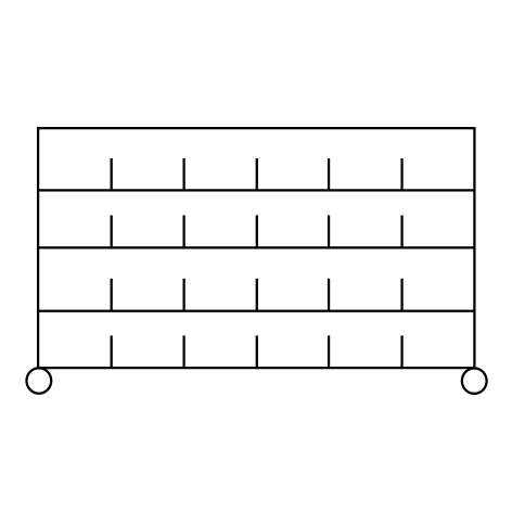 Eine schwarz-weiße Strichzeichnung zeigt den Novocal Sortierregalwagen aus Präzisionsstahl mit 3 Ebenen und je 5 Trennfächern, ideal für Büroorganisation. Das Regal wird von 4 verchromten Eckpfosten gestützt. Die Packung enthält 1 Stück.
