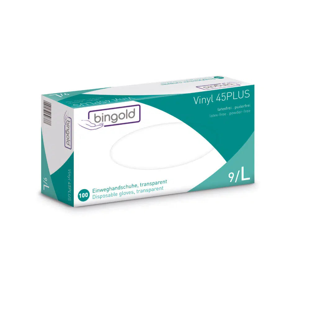 Krabica jednorazových rukavíc Bingold Vinyl 45PLUS, veľkosť 9/L, od spoločnosti BINGOLD GmbH + Co. KG. Balenie je prevažne biele so zelenými a modrými akcentmi, označené ako alternatíva k latexu a bez púdru. Obsahuje 100 transparentných vinylových rukavíc.