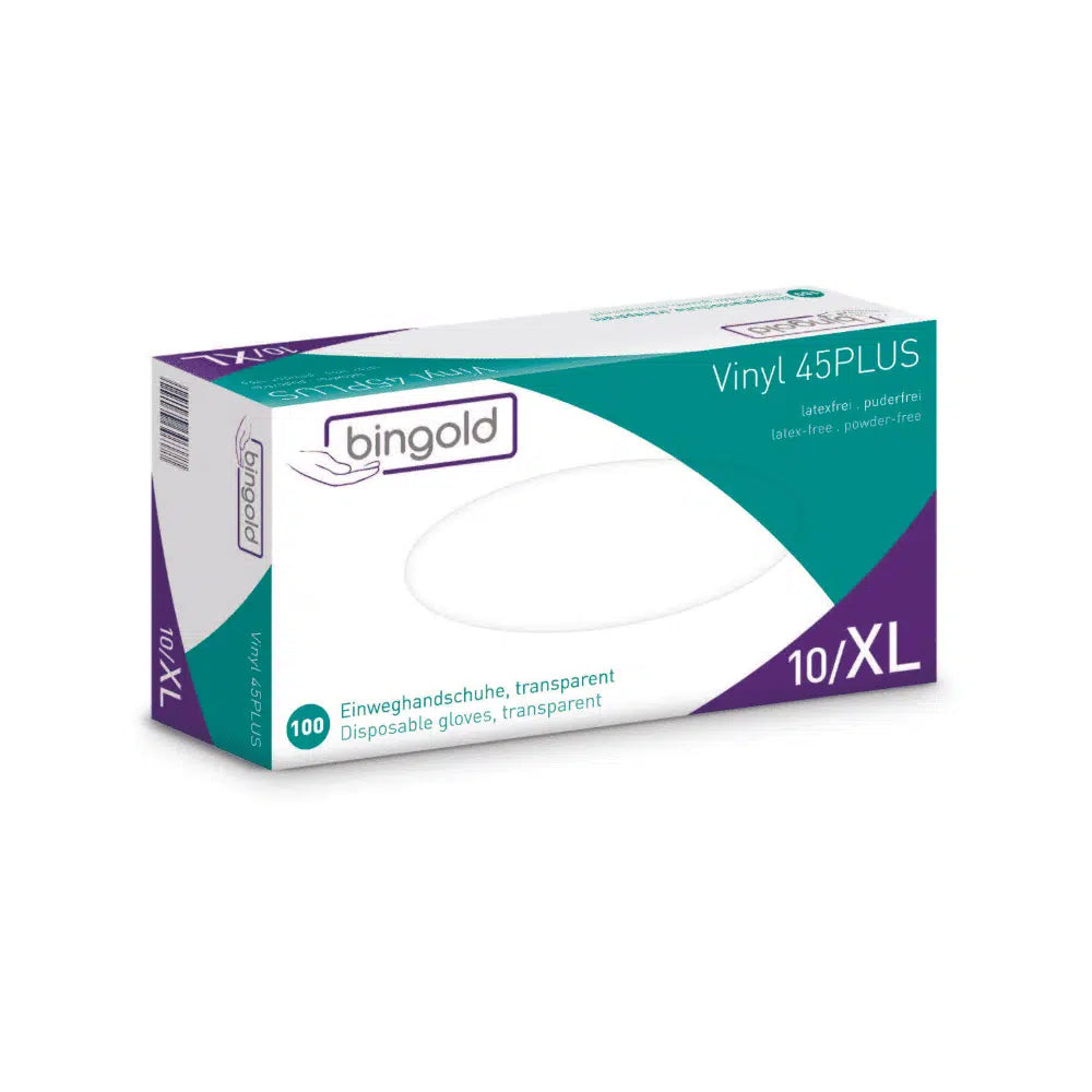 Krabica jednorazových rukavíc Bingold Vinyl 45PLUS vo veľkosti XL, s bielo-modro-zeleným balením s fialovými akcentmi, propaguje tieto rukavice ako alternatívu bez latexu a púdru. Balenie obsahuje 100 transparentných rukavíc.