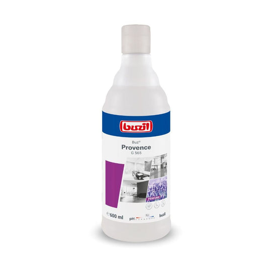 600 ml fľaša pripraveného na použitie osviežovača vzduchu Buzil Air Provence G 565 od spoločnosti BUZIL-WERK Wagner GmbH & Co. KG, opatrená bielo-modrou etiketou s logom značky, názvom produktu a obrázkami čistých interiérov.