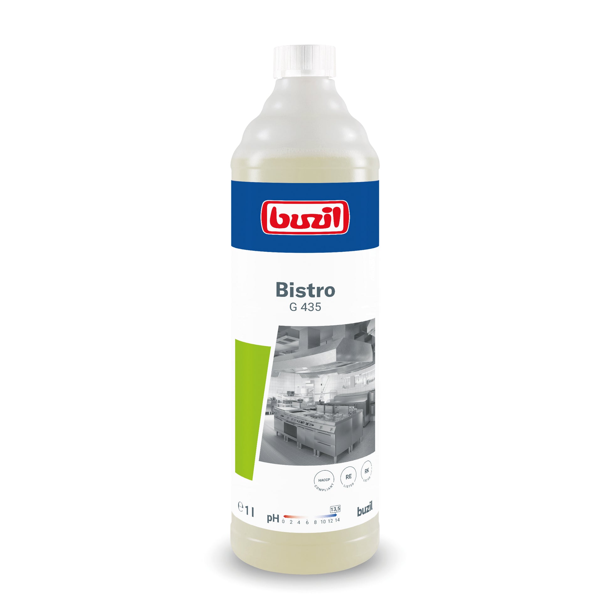 Das Geschirrspülmittel Buzil Bistro G 435 Intensiv-Küchen- & Fettreiniger der BUZIL-WERK Wagner GmbH & Co. KG ist in einer hohen Flasche mit blauem Verschluss und Küchen-Etikett erhältlich. Der 1-Liter-Reiniger sorgt für hygienisch saubere Oberflächen und liefert neben pH-Wert-Informationen auch Markendetails.