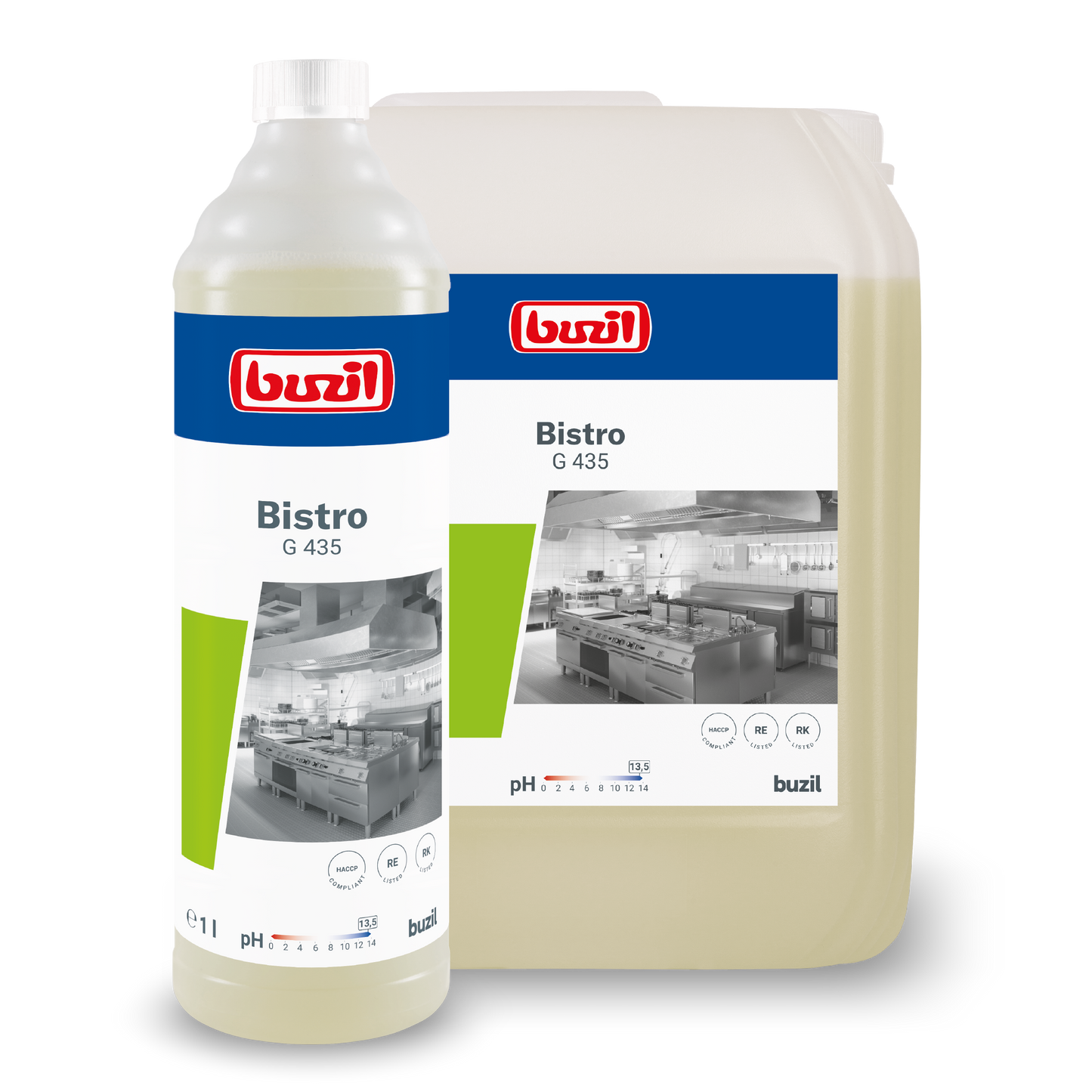 Zobrazené sú dva kontajnery s Buzil Bistro G 435 intenzívnym kuchynským a odmasťovacím čističom od BUZIL-WERK Wagner GmbH & Co. KG. Väčší je priehľadný džbán, menší je číra fľaša. Oba sú opatrené etiketami s kuchynským obrázkom a detailmi produktu pre hygienicky čisté povrchy. Ideálne ako silný odmasťovač pre bezškvrnné výsledky.