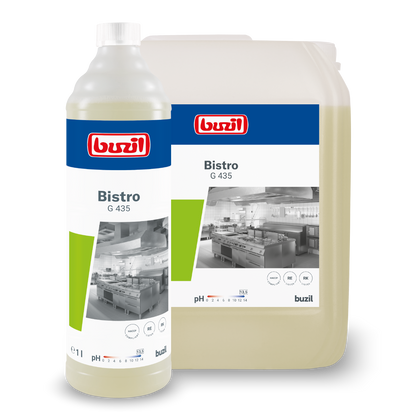 Zobrazené sú dva kontajnery s Buzil Bistro G 435 intenzívnym kuchynským a odmasťovacím čističom od BUZIL-WERK Wagner GmbH & Co. KG. Väčší je priehľadný džbán, menší je číra fľaša. Oba sú opatrené etiketami s kuchynským obrázkom a detailmi produktu pre hygienicky čisté povrchy. Ideálne ako silný odmasťovač pre bezškvrnné výsledky.
