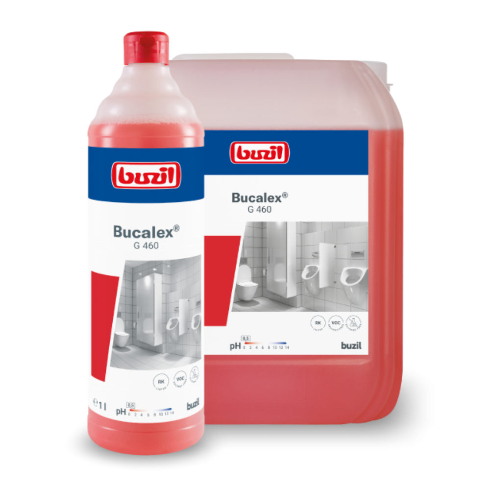 Veľká fľaša a nádoba s Buzil Bucalex® G 460 Viskózny sanitárny čistič, čistiaci produkt spoločnosti BUZIL-WERK Wagner GmbH & Co. KG. Etiketa zdôrazňuje vzorec kyseliny fosforečnej a obsahuje obrázok, ktorý zobrazuje kúpeľňu s dlaždicami a armatúrami. Červená tekutina vo vnútri obsahuje informácie o pH hodnote a rôzne detaily produktu.