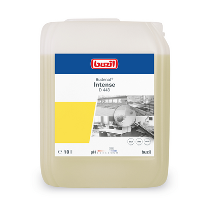 Ein 10-Liter-Behälter Buzil Budenat® Intense D 443 Hocheffizienter Desinfektionsreiniger von BUZIL-WERK Wagner GmbH & Co. KG. Das Etikett ist in den Farben Blau, Weiß und Gelb gehalten und zeigt ein Küchenbild. Es enthält Symbole des HACCP-Konzepts, wobei der pH-Wert und die Zertifizierungssymbole deutlich sichtbar sind, um eine bakterizide Reinigung zu gewährleisten.