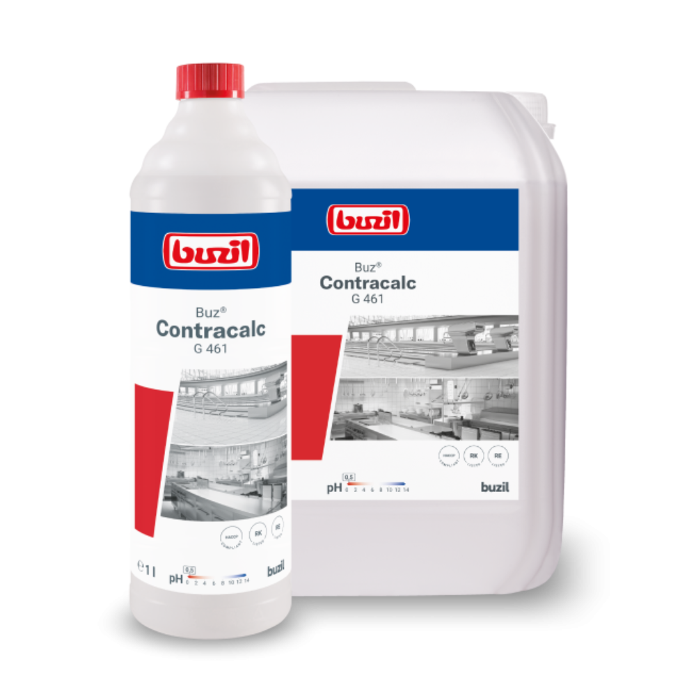 Dve nádoby Buzil Buz® Contracalc G 461, bezfarebný základný čistič a odstraňovač vodného kameňa od BUZIL-WERK Wagner GmbH & Co. KG. Predná nádoba je biela fľaša s červeným uzáverom, ktorá obsahuje roztok na odstránenie vodného kameňa, zatiaľ čo zadná nádoba je väčší, nepriehľadný džbán. Obe majú etikety v červenej, modrej a bielej farbe s príslušnými grafikami.