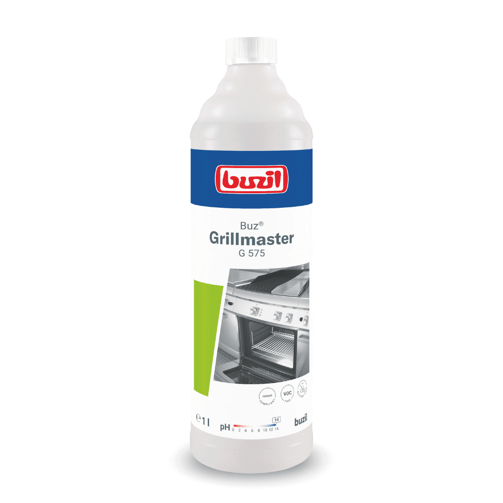 Fľaša Buzil Buz® Grillmaster G 575 Vysokoalkalický čistič grilov a rúr od BUZIL-WERK Wagner GmbH & Co. KG s modro-červeným logom. Etiketa zobrazuje čistú rúru na grilovanie a fľaša je navrhnutá v bielo-zelenej farbe. Obsahuje 1 liter a je označená symbolom pH.