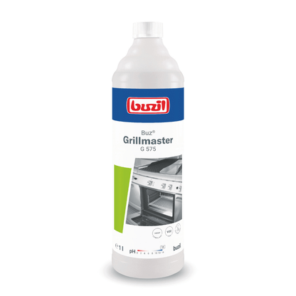 Fľaša Buzil Buz® Grillmaster G 575 Vysokoalkalický čistič grilov a rúr od BUZIL-WERK Wagner GmbH & Co. KG s modro-červeným logom. Etiketa zobrazuje čistú rúru na grilovanie a fľaša je navrhnutá v bielo-zelenej farbe. Obsahuje 1 liter a je označená symbolom pH.