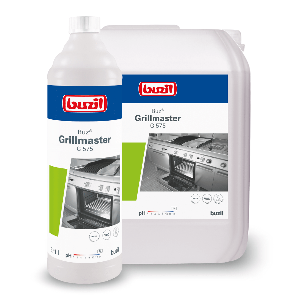 Vystavené sú fľaša a veľkokapacitná nádoba Buzil Buz® Grillmaster G 575 Vysokoalkalický čistič grilov a rúr od BUZIL-WERK Wagner GmbH & Co. KG. Na každej etikete je obrázok čistého grilu, ako aj detaily produktu a značka, ktoré zdôrazňujú účinnosť pri odstraňovaní odolných zvyškov z grilovania.