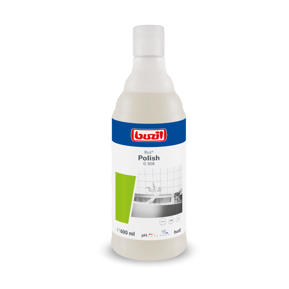 Fľaša Buzil Buz® Polish G 508 pripraveného čistiaceho mlieka s objemom 600 ml, postavená vzpriamene. Etiketa zobrazuje modro-biely dizajn so zelenými akcentmi a obraz dlaždicového povrchu, čo zdôrazňuje účinnosť pri čistení povrchov. Logo značky BUZIL-WERK Wagner GmbH & Co. KG je umiestnené výrazne hore.