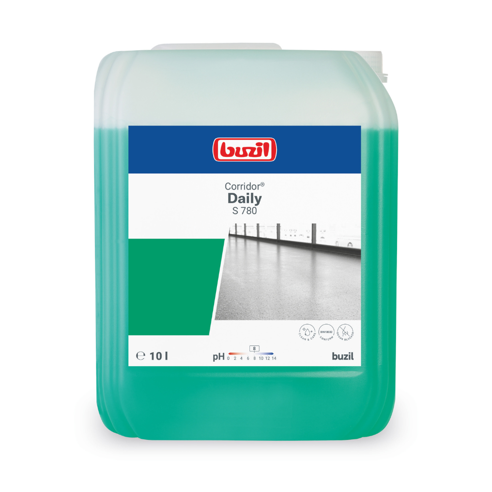 Ein 10-Liter-Behälter des Bodenreinigers Buzil Corridor® Daily S 780 Wischpflege mit Geruchsblocker von BUZIL-WERK Wagner GmbH & Co. KG enthält eine grüne Flüssigkeit, die sich perfekt für wasserbeständige Böden eignet. Auf dem Etikett sind das Markenlogo, der Produktname, ein Foto eines polierten Bodens und pH-Informationen zu sehen.