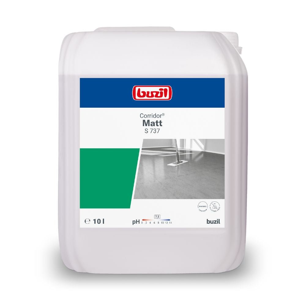 Na etikete 10-litrového balenia hodvábne matnej disperzie Buzil Corridor® Matt S 737, vyrobenej spoločnosťou BUZIL-WERK Wagner GmbH & Co. KG, je uvedený polomatný náter. Na etikete je zobrazené logo značky, názov produktu a ilustrácia podlahových krytín, dizajnové prvky v zelenej a sivej farbe dotvárajú vzhľad.