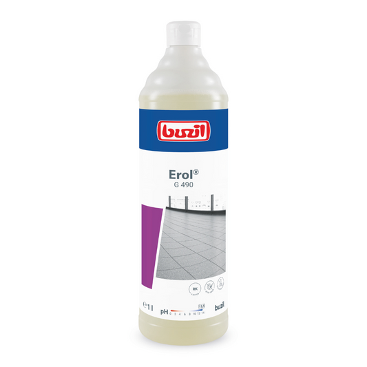 Die 1-Liter-Flasche Buzil Erol® G 490 Alkalischer Intensivreiniger für Feinsteinzeugfliesen der BUZIL-WERK Wagner GmbH & Co. KG ist mit einem roten Logo und einem Fliesenbodenmotiv versehen. Die weiße Flasche mit blau-weißem Etikett sorgt für eine porentiefe Reinigung verschiedener Bodenbeläge, darunter auch Feinsteinzeugfliesen.