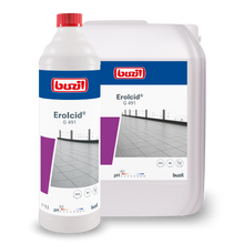 Ausgestellt werden eine Kunststoffflasche und ein Behälter mit Buzil Erolcid® G 491 Saurer Intensivreiniger für Feinsteinzeugfliesen, mit dem Markenlogo der BUZIL-WERK Wagner GmbH & Co. KG und einem Fliesenbodenbild auf dem Etikett. Die Flasche mit dem roten Verschluss ist ein idealer Spezialreiniger für Feinsteinzeugfliesen, veredelt mit einem erfrischenden Citrusduft.