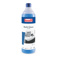 Eine blaue Flasche Buzil Multi Clean G 430 Alkalischer Intensiv-Allzweckreiniger wird ausgestellt, mit einem Etikett mit roter Marke und einem Schwarzweißbild eines makellosen Raums. Dieses von BUZIL-WERK Wagner GmbH & Co. KG hergestellte Produkt ist als Intensivreiniger konzipiert, um hartnäckige Verschmutzungen auf alkalibeständigen Oberflächen wirksam zu beseitigen. Die Flasche wird mit einem passenden blauen Verschluss geliefert.