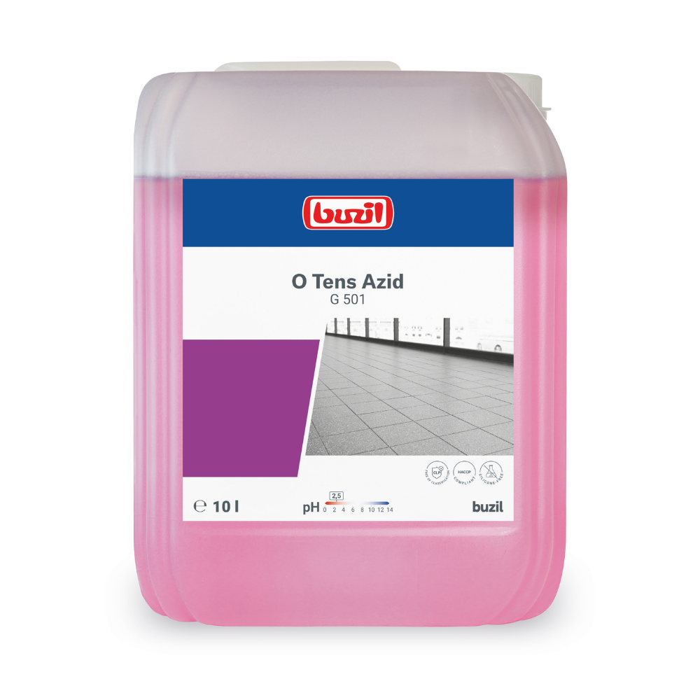 Gegen Kalkablagerungen hilft ein 10-Liter-Gebinde mit Buzil O Tens Azid G 501, einem pinkfarbenen tensidfreien Reiniger der BUZIL-WERK Wagner GmbH & Co. KG. Auf dem Etikett sind Markenlogo, Produktname, pH-Wert 1 und die Abbildung eines Fliesenbodens zu sehen – ideal für die Pflege makelloser Feinsteinzeugfliesen.