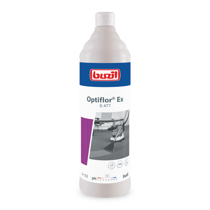 1-litrová fľaša Buzil Optiflor® Ex G 477 základného čističa kobercov od BUZIL-WERK Wagner GmbH & Co. KG, špeciálne vyvinutá pre sprejovú extrakciu. Etiketa zobrazuje výrazné modro-červené logo vedľa čierno-bieleho obrázku podlahy s podrobnými informáciami o produkte. Tento pH-neutrálny čistič je ideálny pre rôzne čistiace aplikácie.