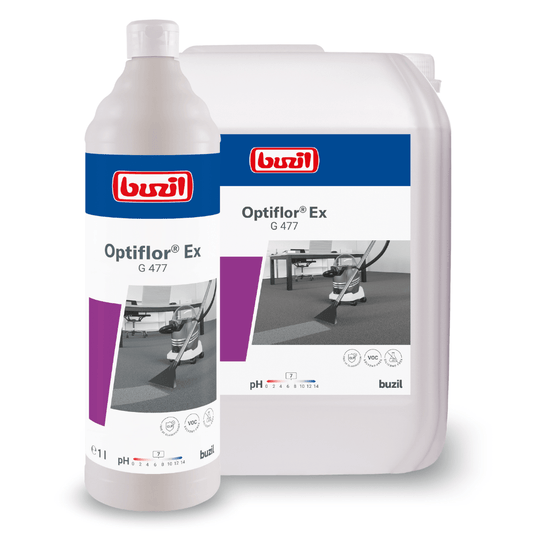 Na obrázku sú zobrazené dve nádoby s prípravkom Buzil Optiflor® Ex G 477 na základné čistenie kobercov metódou striekania a extrakcie: biela fľaša a veľký kanister, obe s logom spoločnosti BUZIL-WERK Wagner GmbH & Co. KG.