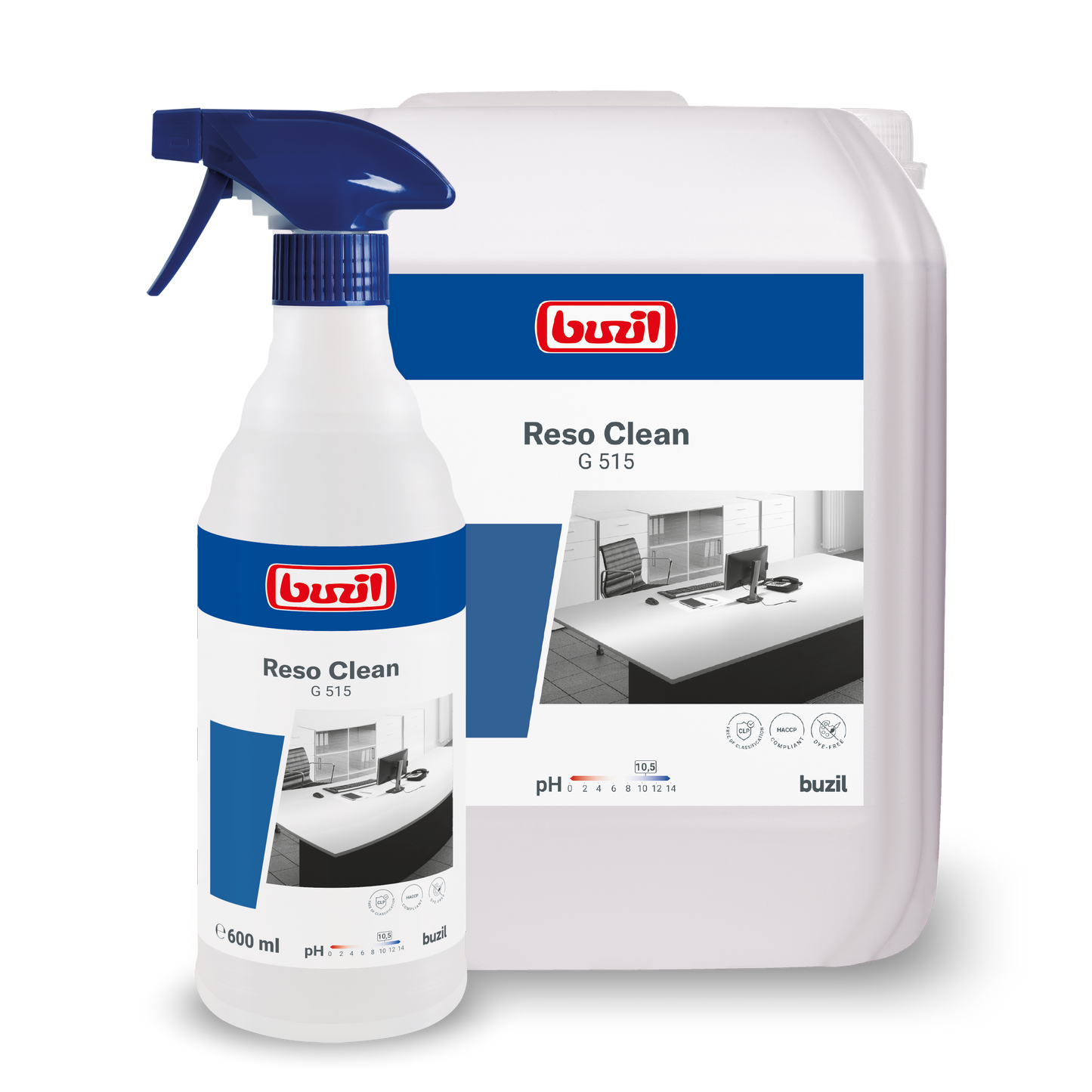Dva kontajnery s Buzil Reso Clean G 515 pripraveným sprejovým čističom od BUZIL-WERK Wagner GmbH & Co. KG sú zobrazené a zdôrazňujú ich silnú čistotu. Menší je sprejová fľaša a väčší je nádoba na doplnenie. Oba majú modré etikety s detailmi o produkte a značke pre lesk bez šmúh.
