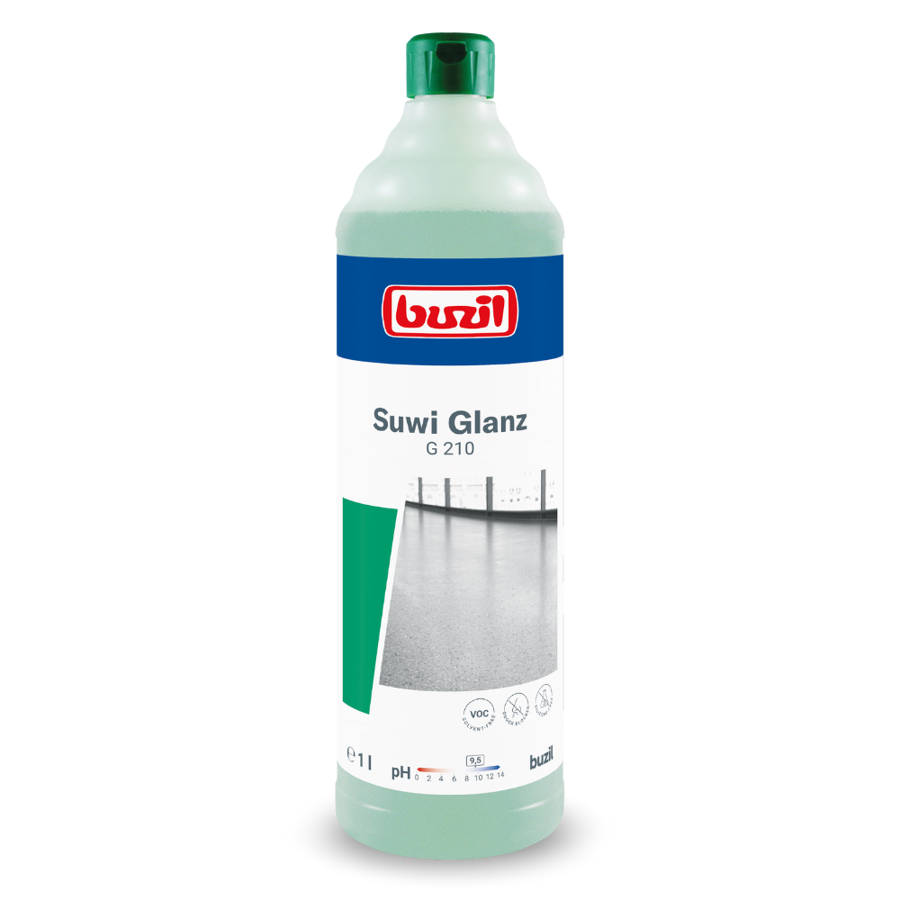 Wir präsentieren den Bodenreiniger Buzil Suwi Glanz G 210 Wischpflege von BUZIL-WERK Wagner GmbH & Co. KG, erhältlich in einer 1-Liter-Flasche. Dieser Bodenreiniger ist speziell für die Wischpflege konzipiert und verfügt über eine Verpackung mit einem pH-Indikator und einem VOC-Symbol sowie Reinigungsbildern. Die hellgrüne Flasche mit dunkelgrünem Verschluss ist speziell für die außergewöhnliche Pflege von Oberflächen aus nicht wasserlöslichen Polymeren und Wachsen konzipiert.