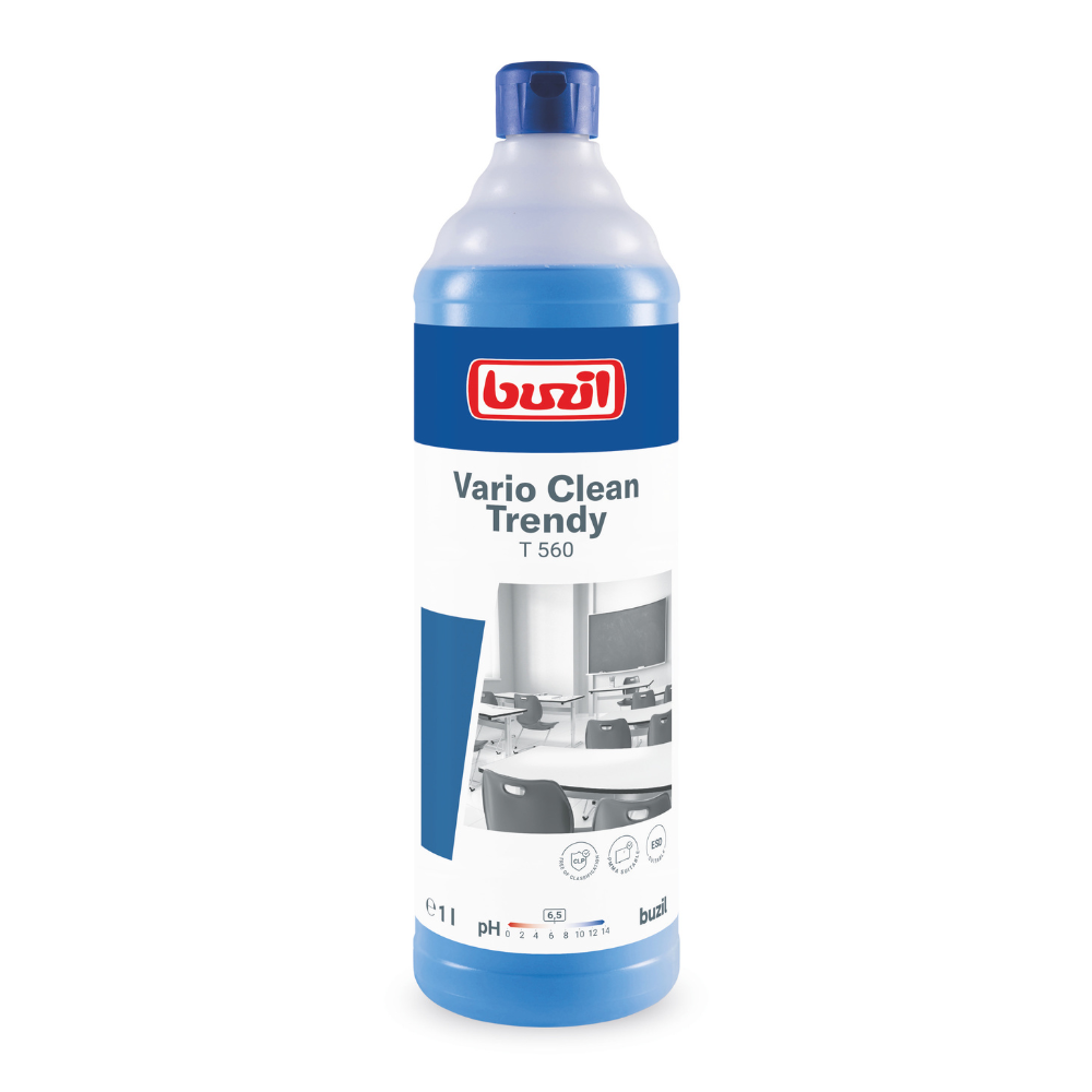 Buzil Vario Clean Trendy T 560 Neutrálny šetrný a plastový čistič od BUZIL-WERK Wagner GmbH & Co. KG je dostupný v modro-bielej fľaši, na ktorej je čierno-biely obrázok bezchybnej učebne so stolmi a tabuľou. Tento jednolitrový čistič zabezpečuje lesk bez šmúh a údaj o pH na prednej strane zabezpečuje ľahko čistiteľný efekt.