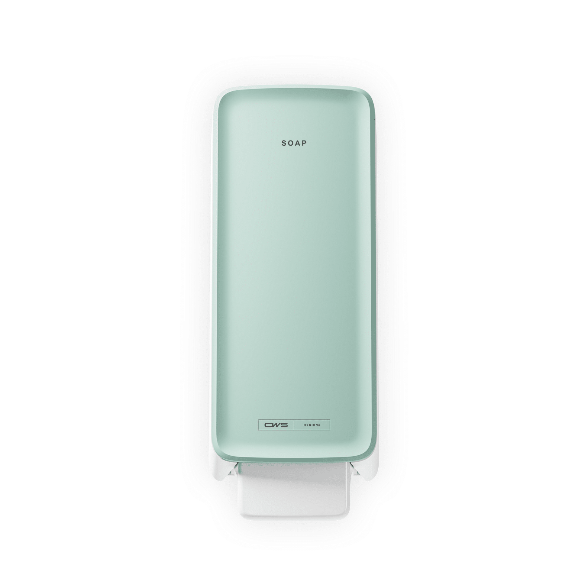 Der CWS PureLine Foam Seifenspender ist ein wandmontierter, rechteckiger Spender in Hellgrün mit dem Schriftzug SOAP" auf der Vorderseite, einem weißen Druckhebel darunter und dem CWS Branding in der Nähe des Sockels - ideal für jeden Waschraum.