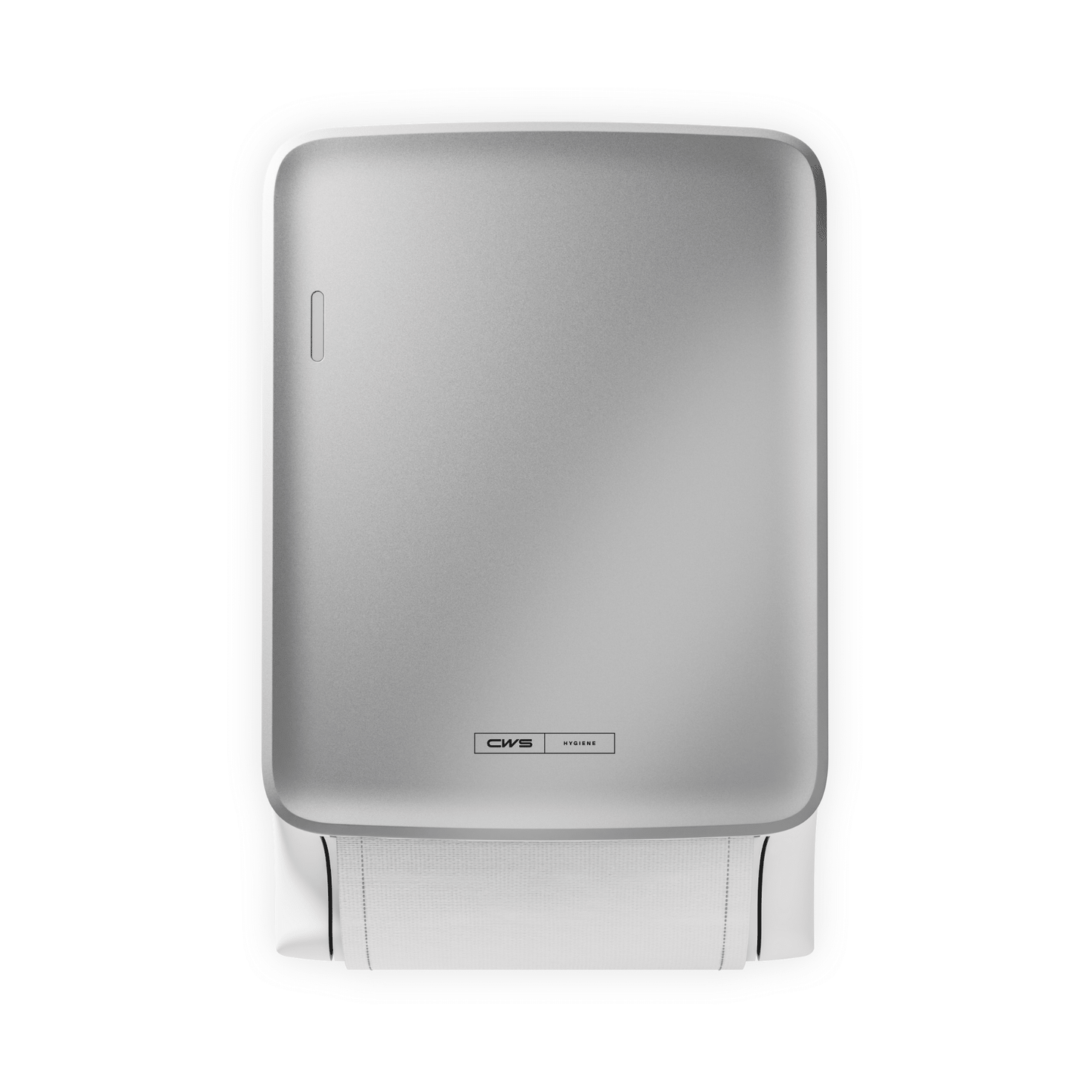 Der CWS PureLine Dry von CWS ist ein silberner, wandmontierter Spender mit einem kleinen Logo in der Nähe des Sockels. Er spendet einzelne Blätter weißer Papierhandtücher und fördert die Hygiene durch sein schlichtes, nachhaltiges Design vor einem schlichten Hintergrund.
