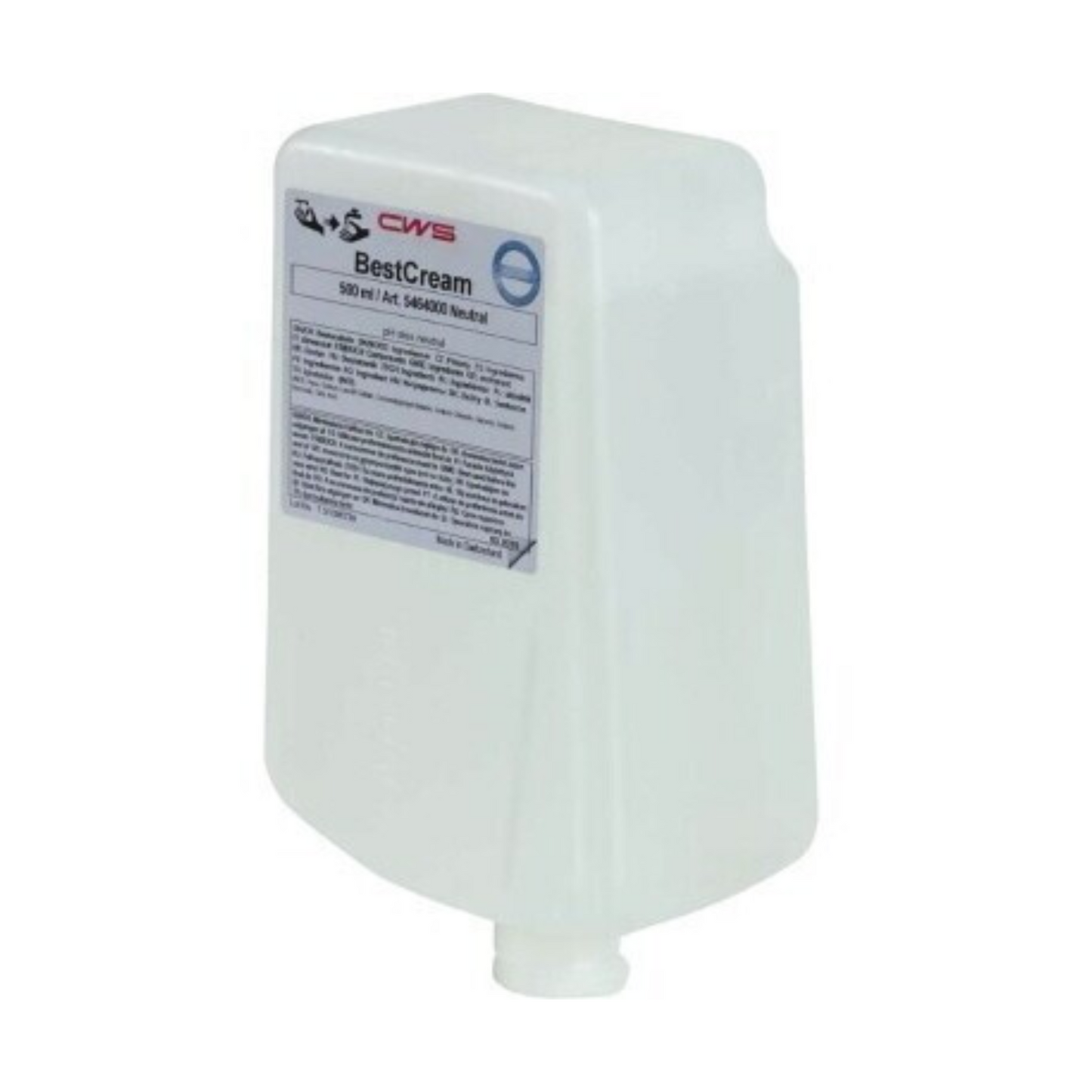 Biela, obdĺžniková 500-ml fľaša CWS mydlový krém BestCream Neutral náhradné balenie mydla s prednou etiketou a spodným ventilom určeným na dávkovanie krému alebo mlieka.