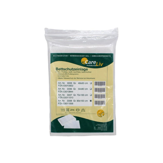 Zapečatená ochranná podložka pod posteľ CareLiv, 90 x 100 cm, fólia/froté (biela), od spoločnosti CareLiv Produkte OHG určená na inkontinenciu, s informáciami o produkte a číslami výrobkov na žlto-bielom nemeckom štítku. Balenie obsahuje 1 kus.