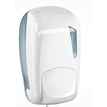 Soft Care dávkovač od Diversey Deutschland GmbH & Co. OHG je biely, na stenu montovaný plastový dávkovač na dezinfekčné prostriedky alebo tekuté mydlo, s priehľadnou bočnou stenou a veľkou tlačovou plochou pre jednoduché používanie.