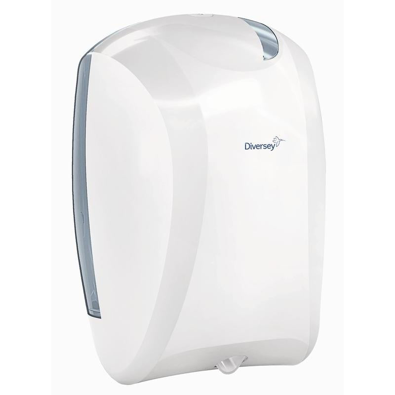 Biely/priehľadný plastový držiak na papierové role s vnútorným odvíjaním (35,2 x 24,3 x 24 cm) od Diversey Deutschland. Nástenná montáž, moderný dizajn, dávkovač na utierky s viditeľným výdajovým otvorom. Balenie: 1 kus.