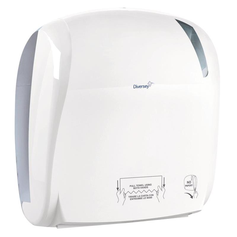 Biely plastový dávkovač na uteráky - autocut od spoločnosti Diversey Deutschland GmbH & Co. OHG ponúka hygienické dávkovanie papiera, polopriehľadnú kontrolnú oblasť a jasné pokyny na prednej strane pre odber papiera (371x330x221 mm).