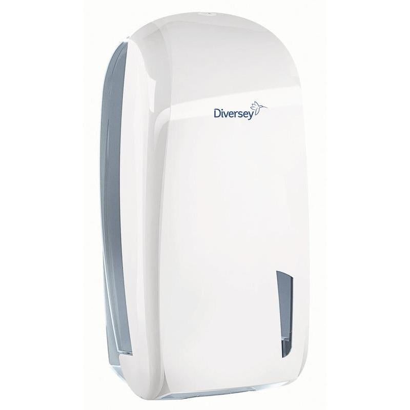 Držiak na toaletný papier Diversey na jednotlivé listy z bieleho/priehľadného plastu (328 x 165 x 135 mm) na jednotlivé listy má priezor a hygienicky zabezpečuje toaletný papier vo verejných sanitárnych priestoroch. Vhodné pre papier 7523655.