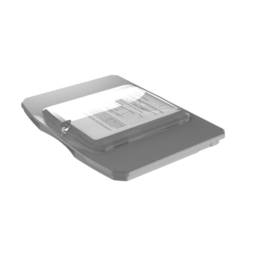 Plochý skener s mierne otvoreným krytom a dokumentom na skle - ideálny pre digitalizačné návody, napríklad pre kryt Di Protect s držiakom na iPad 1 ks od Diversey Deutschland GmbH & Co. OHG.