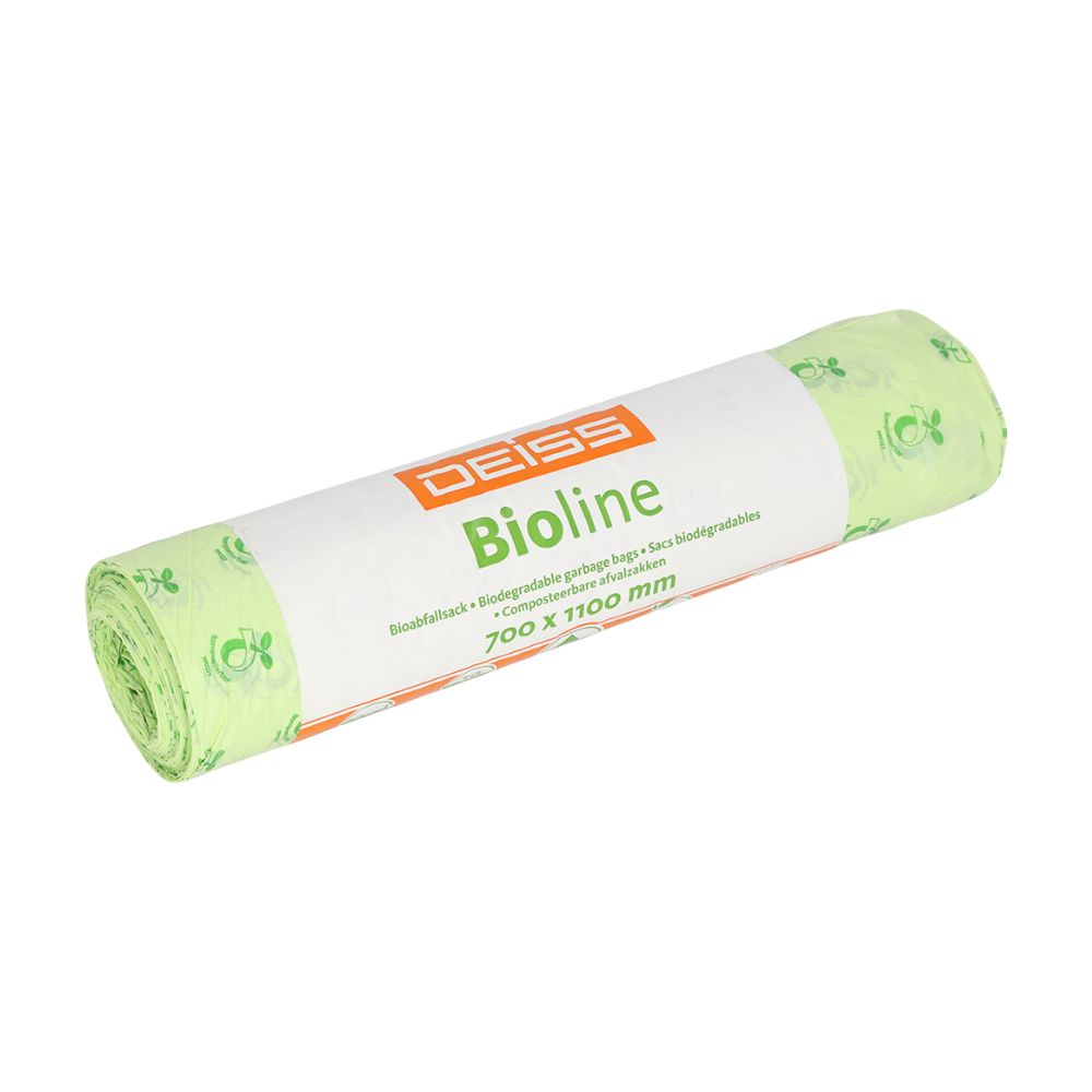 Jedna rolka zelených, biologicky odbúrateľných DEISS biomulových vriec 120 litrov, s nápisom „EMIL DEISS KG (GmbH + Co.)“, s rozmermi 700 x 1100 mm. Na obale je jasne viditeľný nápis „biologicky odbúrateľné“ v niekoľkých jazykoch.