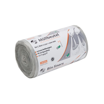 Rolka DEISS First Plus Pcr vrecia na odpadky 60 litrov, 34045 s úchytkou od EMIL DEISS KG (GmbH + Co.) zdôrazňuje v nemeckom písme rozmery a klimaticky neutrálnu povahu. Etiketa so symbolom odpadkového koša obsahuje text v angličtine a nemčine. Tieto čiastočne odvinuté vrecia na odpadky obsahujú 40 % PCR podiel a sú určené pre ekologicky uvedomelých používateľov.