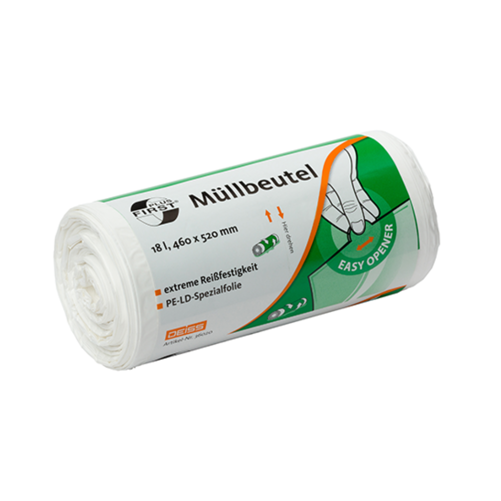 Zvinutý balík bielych odpadkových vriec so zeleno-bielou etiketou s nemeckým textom. Etiketa zdôrazňuje vlastnosti ako „extrémne odolné voči roztrhnutiu“ (odolné proti prepichnutiu a roztrhnutiu) a „Easy Opener“. Toto je DEISS First Plus® odpadkový vak 18 litrov, vyrobený z prémiového LDPE, s rozmermi 460 x 520 mm, od EMIL DEISS KG (GmbH + Co.).