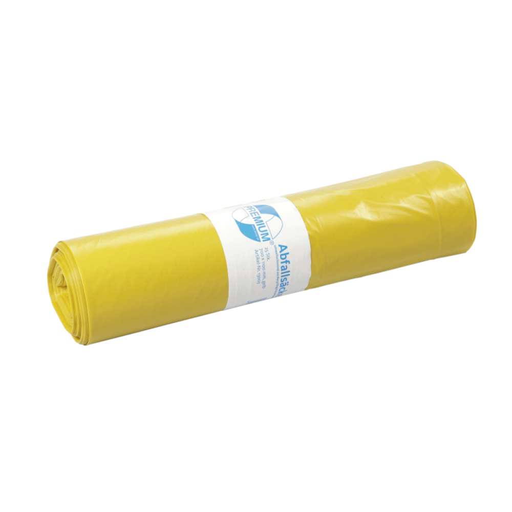 Jedna rolka DEISS Premium® Typ 100 odpadových vriec 13003 s objemom 120 litrov je čisto zabalená a má uprostred bielo-modrú etiketu. Horizontálne umiestnené na bielom pozadí, tieto odpadové vrecia od EMIL DEISS KG (GmbH + Co.) zdôrazňujú svoju spoľahlivosť ako všestranný recyklačný materiál.