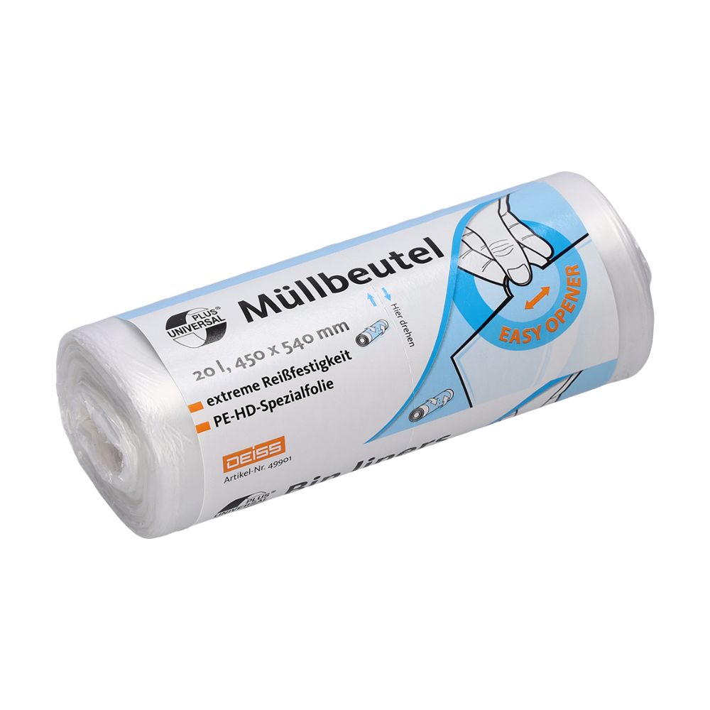 Na obrázku je rolka odolných vreciek na odpad s nápisom „DEISS Universal Plus® Vrecká na odpad 20 litrov, 49901“. Balenie má rozmery 20 litrov, 450 x 540 mm, a je vybavené obrázkom funkcie „Easy-Opener“. Vyrobené zo špeciálnej HDPE fólie, obchodná značka je EMIL DEISS KG (GmbH + Co.).