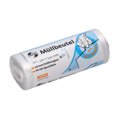 Na obrázku je rolka odolných vreciek na odpad s nápisom „DEISS Universal Plus® Vrecká na odpad 20 litrov, 49901“. Balenie má rozmery 20 litrov, 450 x 540 mm, a je vybavené obrázkom funkcie „Easy-Opener“. Vyrobené zo špeciálnej HDPE fólie, obchodná značka je EMIL DEISS KG (GmbH + Co.).
