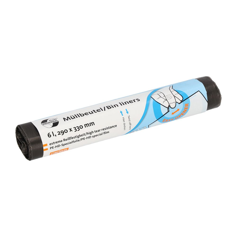 Rolka DEISS Universal Plus® vriec na odpad 6 litrov, 44901, od EMIL DEISS KG (GmbH + Co.) obsahuje etikety v nemčine a angličtine, ktoré uvádzajú rozmery 61.290 x 330 mm. Balenie zdôrazňuje ľahko otvárateľný dizajn s vysokou pevnosťou v ťahu a disponuje špeciálnou HDPE fóliou. Etiketa tiež ukazuje ruku, ktorá hádže odpad do kontajnera.