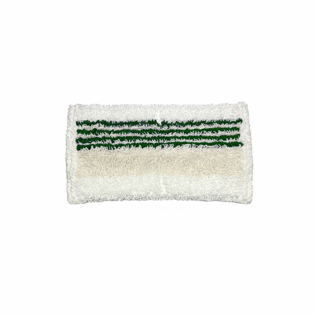 Arcora Doppelmopp 2.0 Micro-Plus s Microrandom 40 cm od Arcora International GmbH je obdĺžnikový biely mop s béžovým stredovým pruhom a tromi zelenými čiarami, ktorý zobrazuje inovatívnu technológiu Microrand na jednofarebnom bielom pozadí.