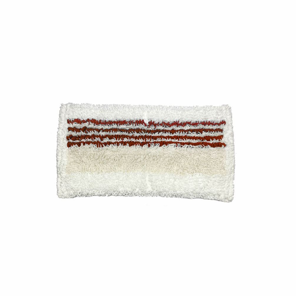 Arcora Doppelmopp 2.0 Micro-Plus s Microrandom 40 cm od Arcora International GmbH je obdĺžnikový biely mop s vodorovnými červenými pruhmi na vrchnej strane, jednofarebnou bielou spodnou stranou a textúrovaným povrchom s technológiou Microrand.